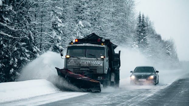 Chasse-neige sur route rurale en hiver